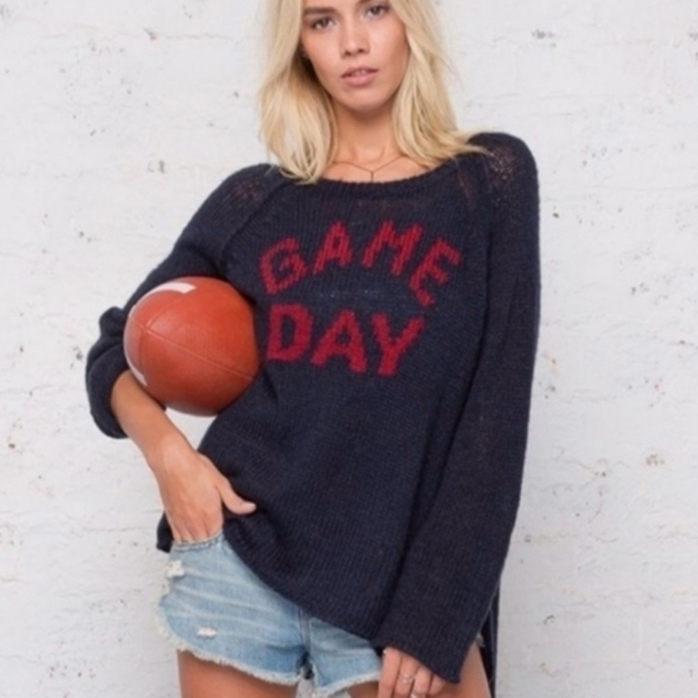 Wooden Ships 'GAME DAY' Navy Blue Red Letters Wool Mohair Blend Sweater M/L